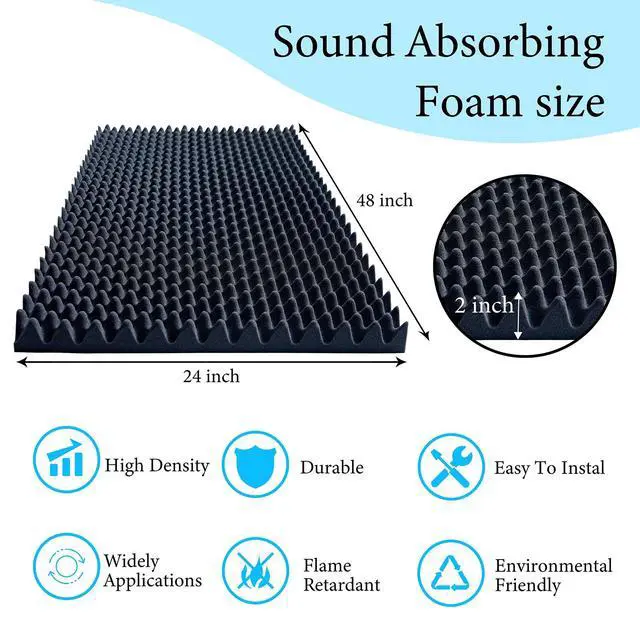 Alt view image 2 of 7 - High Density Acoustic Foam Panel, 6 Pack 48 x 24 x 2 Inch Thick Egg Crate Soundproof Foam Panels for Walls, Sound Deadening
