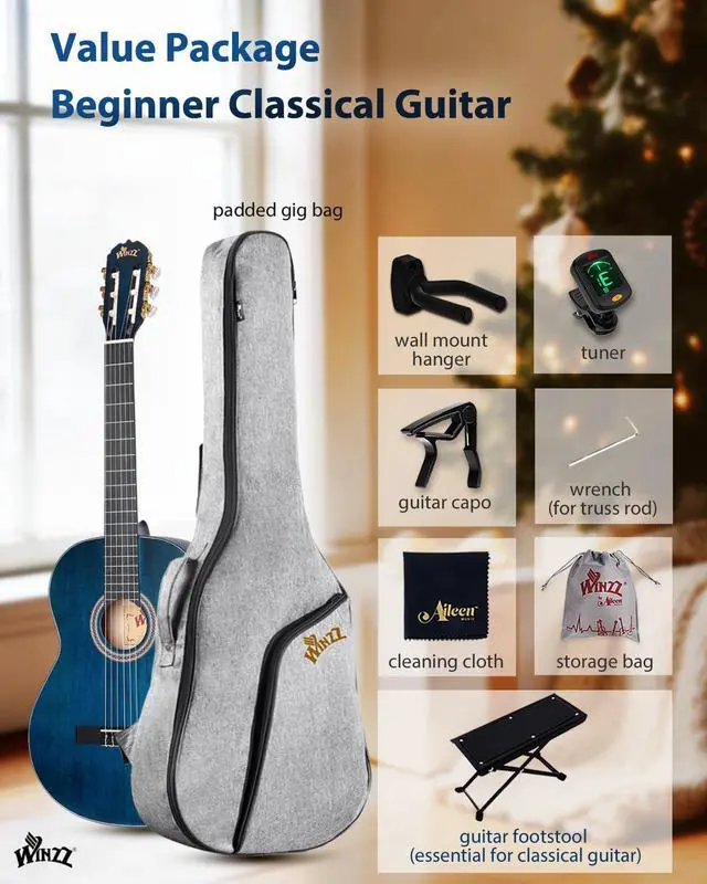 Alt view image 6 of 7 - Classical Guitar 4/4 Adult Classical Guitar for Beginners 39 Inches (vintage blue)