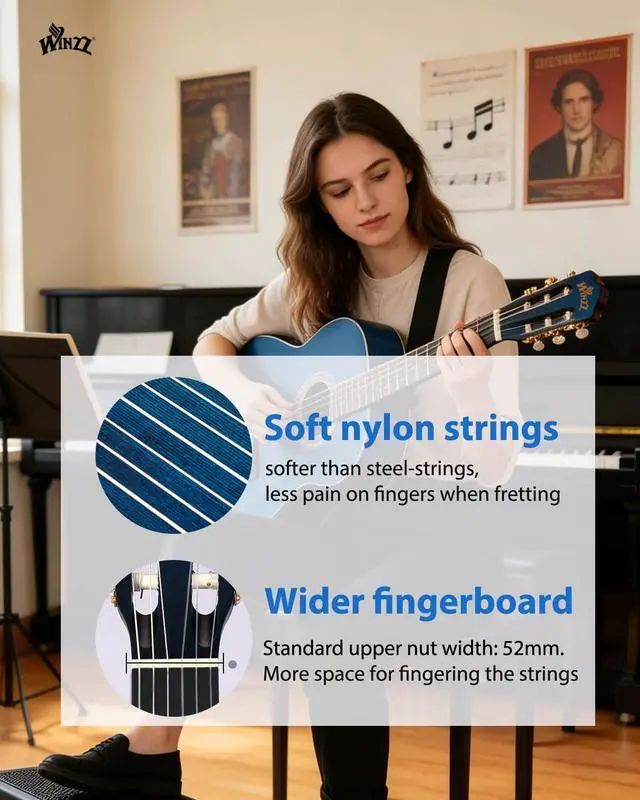 Alt view image 4 of 7 - Classical Guitar 4/4 Adult Classical Guitar for Beginners 39 Inches (vintage blue)