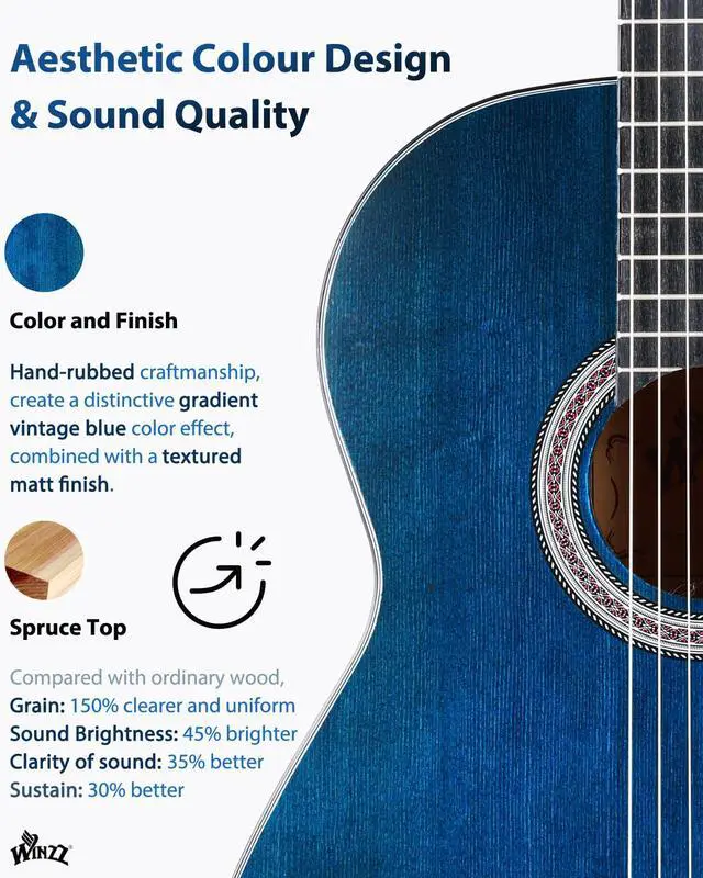 Alt view image 5 of 7 - Classical Guitar 4/4 Adult Classical Guitar for Beginners 39 Inches (vintage blue)