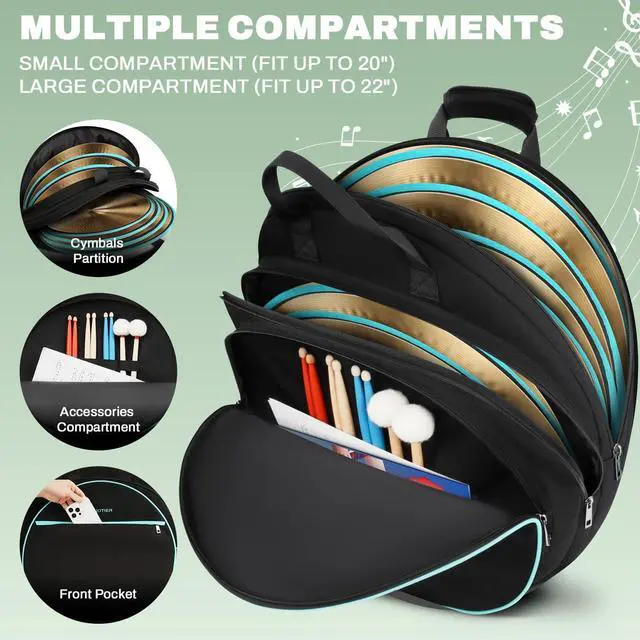 Alt view image 2 of 7 - 22" Cymbal Bag, Water-Resistant Cymbal Case with Thick Padded Dividers, Cymbal Backpack and Carry Handles for Drum Cymbals and Accessories
