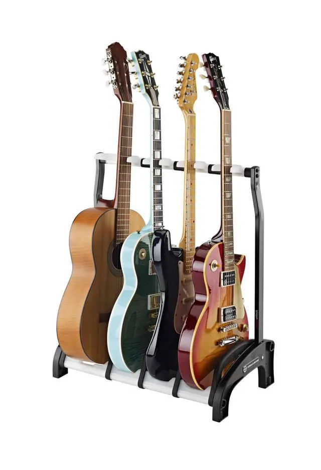 Alt view image 2 of 6 - Konig & Meyer 17534.016.00 Guardian 3+1 Guitar Stand | Holds 4 - One Acoustic/Three Electric Guitars Rack-Style | Protective Supports | Space Saver | Adult/Youth Musicians | Black / Translucent f