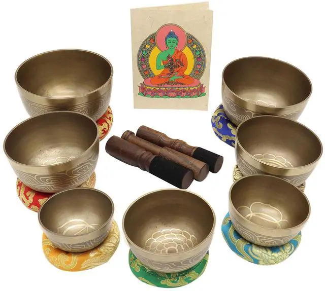 Main image of Singing Bowl Set of 7, Thadobati Design Himalayan Sound Bowl, Handcrafted, Hand hammered, Comes w/silk cushions, 3 sticks, Buddhist card, Brocade Box Ideal for Meditation, Yoga, Mindfulness Healing