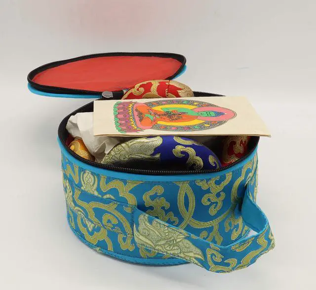 Alt view image 3 of 4 - Singing Bowl Set of 7, Thadobati Design Himalayan Sound Bowl, Handcrafted, Hand hammered, Comes w/silk cushions, 3 sticks, Buddhist card, Brocade Box Ideal for Meditation, Yoga, Mindfulness Healing