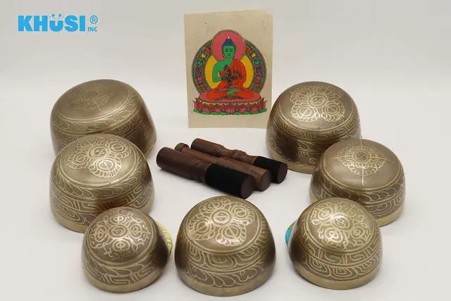 Alt view image 2 of 4 - Singing Bowl Set of 7, Thadobati Design Himalayan Sound Bowl, Handcrafted, Hand hammered, Comes w/silk cushions, 3 sticks, Buddhist card, Brocade Box Ideal for Meditation, Yoga, Mindfulness Healing