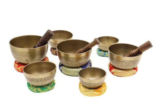 Alt view image 4 of 4 - Singing Bowl Set of 7, Thadobati Design Himalayan Sound Bowl, Handcrafted, Hand hammered, Comes w/silk cushions, 3 sticks, Buddhist card, Brocade Box Ideal for Meditation, Yoga, Mindfulness Healing