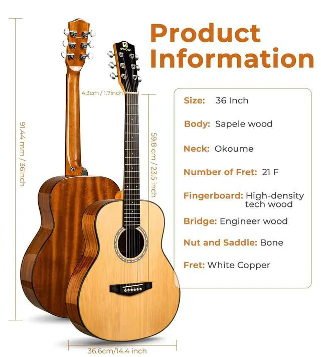 Alt view image 3 of 7 - 3/4 Steel-String Acoustic Guitar, 36 Inch Acustica Guitarra Starter Bundle with Gig Bag Tuner Capo for Beginner Adult Teen, Natural