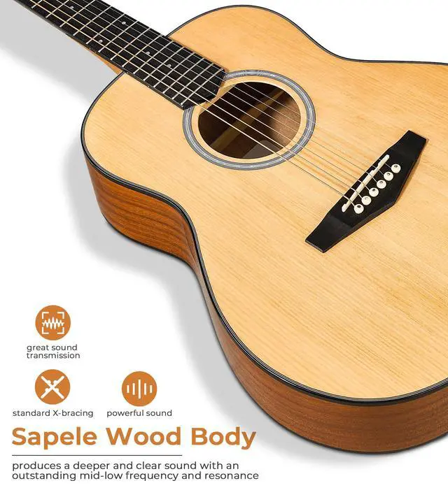 Alt view image 5 of 7 - 3/4 Steel-String Acoustic Guitar, 36 Inch Acustica Guitarra Starter Bundle with Gig Bag Tuner Capo for Beginner Adult Teen, Natural