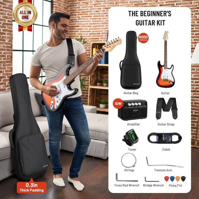 Alt view image 2 of 7 - Electric Guitar Kit 39in - Full Size Electric Guitar Kit for Beginner Starter Poplar Solid Body with 10W Amplifier, Gig Bag, Strap, Tuner, Cable, String, Picks