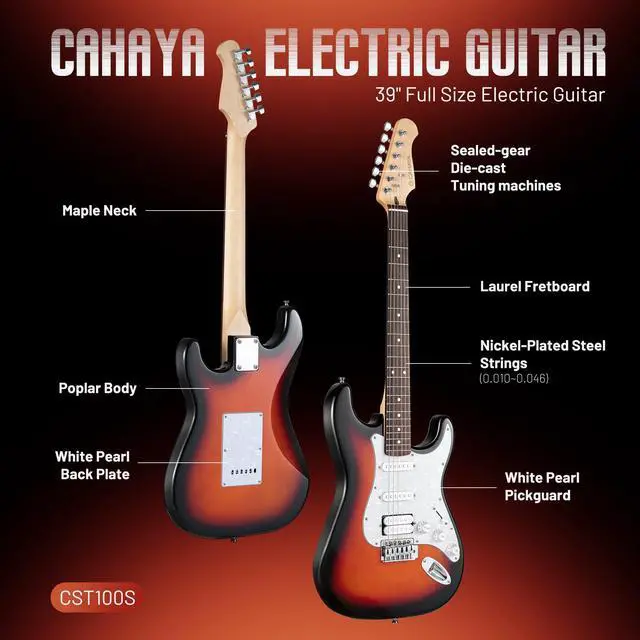 Alt view image 3 of 7 - Electric Guitar Kit 39in - Full Size Electric Guitar Kit for Beginner Starter Poplar Solid Body with 10W Amplifier, Gig Bag, Strap, Tuner, Cable, String, Picks