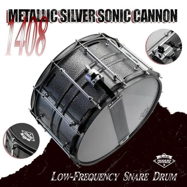 Alt view image 5 of 7 - 14" x 8" Deep Shell Snare Drum, Carbon Steel Snare with 12-Vent Airflow System, Professional Low-Frequency Sonic Cannon for Rock, Metal and Hip-Hop, 12-Point Heavy Duty Lugs (Metallic Silver)