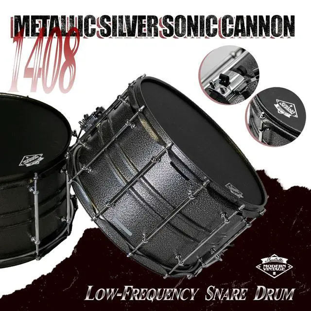 Alt view image 4 of 7 - 14" x 8" Deep Shell Snare Drum, Carbon Steel Snare with 12-Vent Airflow System, Professional Low-Frequency Sonic Cannon for Rock, Metal and Hip-Hop, 12-Point Heavy Duty Lugs (Metallic Silver)