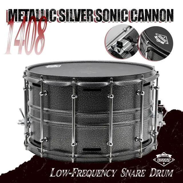 Alt view image 6 of 7 - 14" x 8" Deep Shell Snare Drum, Carbon Steel Snare with 12-Vent Airflow System, Professional Low-Frequency Sonic Cannon for Rock, Metal and Hip-Hop, 12-Point Heavy Duty Lugs (Metallic Silver)