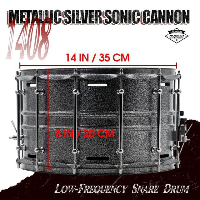 Alt view image 7 of 7 - 14" x 8" Deep Shell Snare Drum, Carbon Steel Snare with 12-Vent Airflow System, Professional Low-Frequency Sonic Cannon for Rock, Metal and Hip-Hop, 12-Point Heavy Duty Lugs (Metallic Silver)
