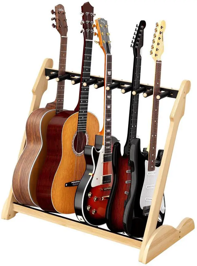 Main image of Bamboo Multi Guitar Stand, Guitar Rack for Multiple Guitars(Nature-B) | Adjustable Dividers Fits Acoustic, Electric & Bass Foam-Padded Supports Non-Slip Feet Triangular Base Pick Storage
