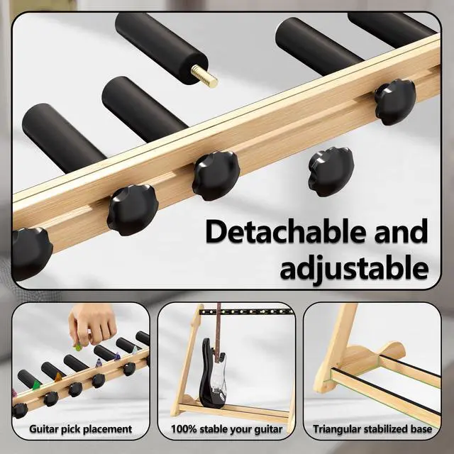 Alt view image 3 of 7 - Bamboo Multi Guitar Stand, Guitar Rack for Multiple Guitars(Nature-B) | Adjustable Dividers Fits Acoustic, Electric & Bass Foam-Padded Supports Non-Slip Feet Triangular Base Pick Storage
