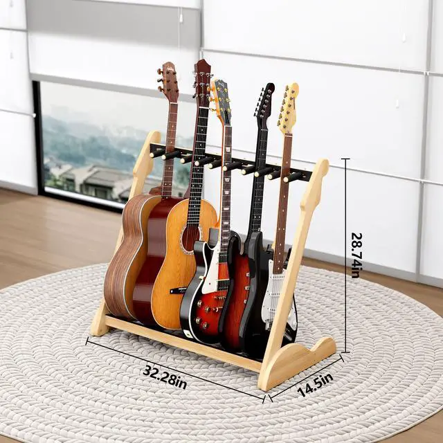 Alt view image 2 of 7 - Bamboo Multi Guitar Stand, Guitar Rack for Multiple Guitars(Nature-B) | Adjustable Dividers Fits Acoustic, Electric & Bass Foam-Padded Supports Non-Slip Feet Triangular Base Pick Storage