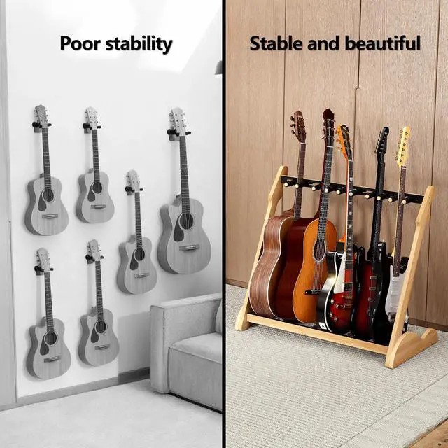 Alt view image 4 of 7 - Bamboo Multi Guitar Stand, Guitar Rack for Multiple Guitars(Nature-B) | Adjustable Dividers Fits Acoustic, Electric & Bass Foam-Padded Supports Non-Slip Feet Triangular Base Pick Storage