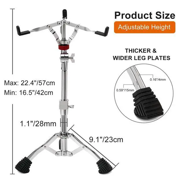 Alt view image 2 of 7 - Heavy-Duty Snare Drum Stand for 8" to 14" Snare Drum & Practice Pad | Height Adjustable Ultra Sturdy Double-Braced Steel Stand with 5A Drum Sticks, Drumsticks Holder, Carry Bag and Drum Key