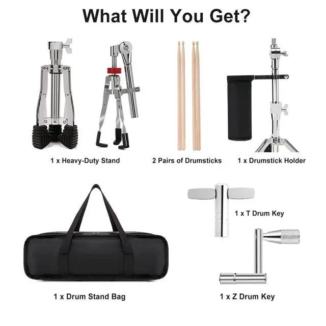 Alt view image 7 of 7 - Heavy-Duty Snare Drum Stand for 8" to 14" Snare Drum & Practice Pad | Height Adjustable Ultra Sturdy Double-Braced Steel Stand with 5A Drum Sticks, Drumsticks Holder, Carry Bag and Drum Key