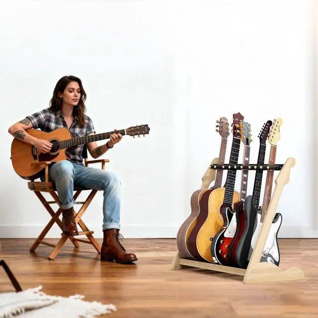 Alt view image 6 of 7 - Bamboo Multi Guitar Stand, Guitar Rack for Multiple Guitars(Nature-B) | Adjustable Dividers Fits Acoustic, Electric & Bass Foam-Padded Supports Non-Slip Feet Triangular Base Pick Storage