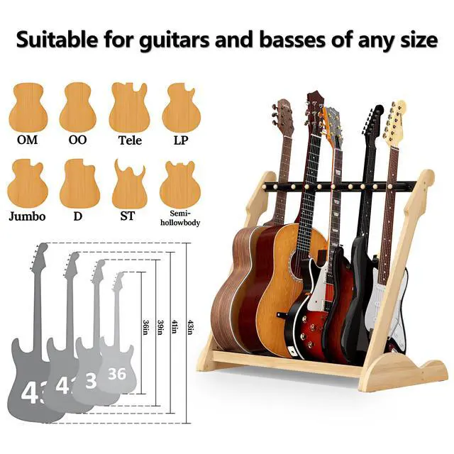 Alt view image 5 of 7 - Bamboo Multi Guitar Stand, Guitar Rack for Multiple Guitars(Nature-B) | Adjustable Dividers Fits Acoustic, Electric & Bass Foam-Padded Supports Non-Slip Feet Triangular Base Pick Storage