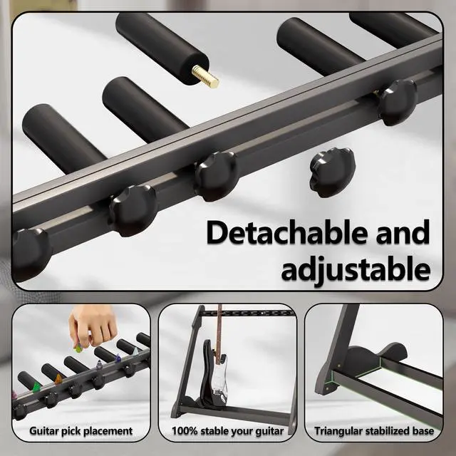 Alt view image 3 of 7 - Bamboo Multi Guitar Stand, Guitar Rack for Multiple Guitars(Black-B) | Adjustable Dividers Fits Acoustic, Electric & Bass Foam-Padded Supports Non-Slip Feet Triangular Base Pick Storage