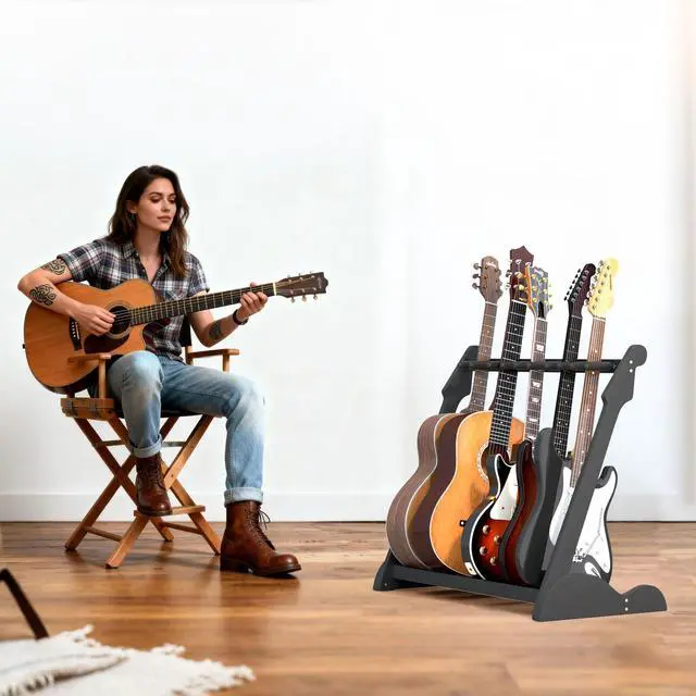 Alt view image 6 of 7 - Bamboo Multi Guitar Stand, Guitar Rack for Multiple Guitars(Black-B) | Adjustable Dividers Fits Acoustic, Electric & Bass Foam-Padded Supports Non-Slip Feet Triangular Base Pick Storage