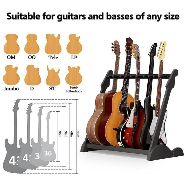 Alt view image 5 of 7 - Bamboo Multi Guitar Stand, Guitar Rack for Multiple Guitars(Black-B) | Adjustable Dividers Fits Acoustic, Electric & Bass Foam-Padded Supports Non-Slip Feet Triangular Base Pick Storage