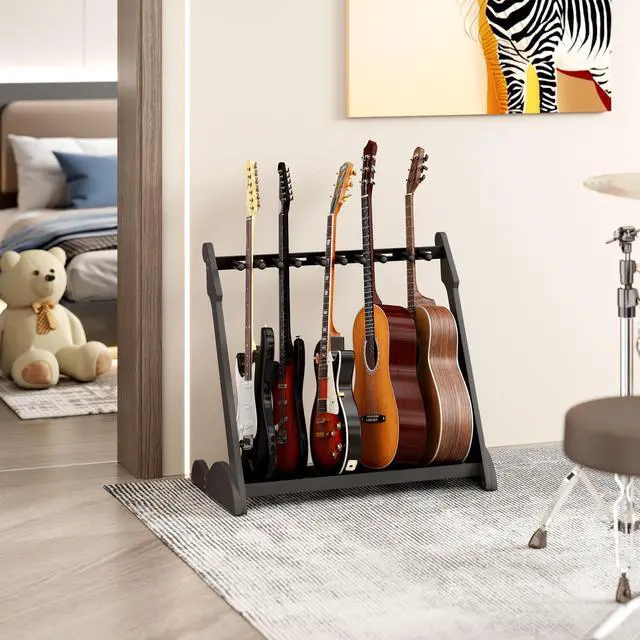 Alt view image 7 of 7 - Bamboo Multi Guitar Stand, Guitar Rack for Multiple Guitars(Black-B) | Adjustable Dividers Fits Acoustic, Electric & Bass Foam-Padded Supports Non-Slip Feet Triangular Base Pick Storage