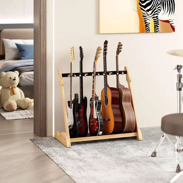 Alt view image 7 of 7 - Bamboo Multi Guitar Stand, Guitar Rack for Multiple Guitars(Nature-B) | Adjustable Dividers Fits Acoustic, Electric & Bass Foam-Padded Supports Non-Slip Feet Triangular Base Pick Storage