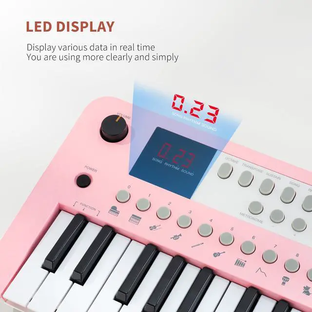 Alt view image 5 of 7 - MK1 37 Keys Kids Keyboard Piano, Mini Portable Multi-Function Piano with Excellent Sound Quality, Built-In Speaker & LED Display, Small Electric Music Keyboard Gift for Beginners (Pink)