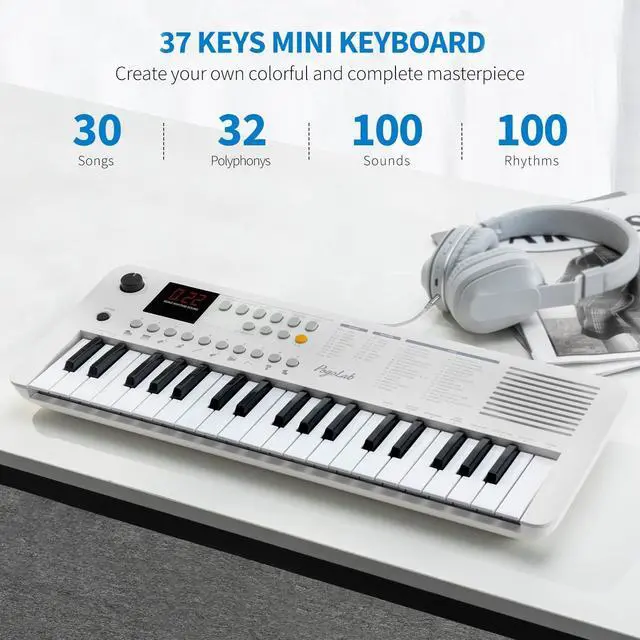 Alt view image 3 of 7 - MK1 37 Keys Kids Keyboard Piano, Mini Portable Multi-Function Piano with Excellent Sound Quality, Built-In Speaker & LED Display, Small Electric Music Keyboard Gift for Beginners (White)
