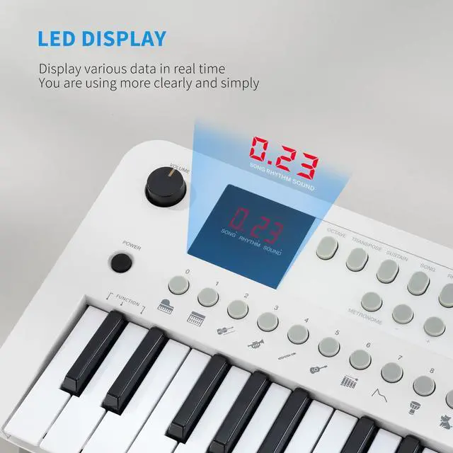 Alt view image 5 of 7 - MK1 37 Keys Kids Keyboard Piano, Mini Portable Multi-Function Piano with Excellent Sound Quality, Built-In Speaker & LED Display, Small Electric Music Keyboard Gift for Beginners (White)