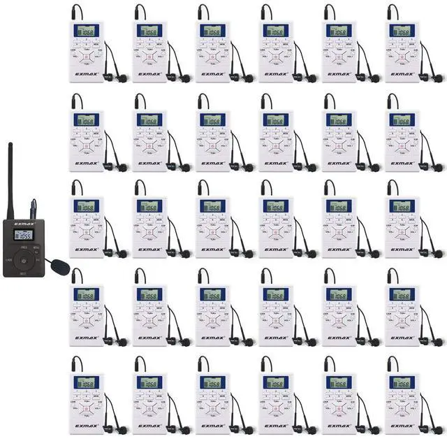 Main image of E108 DSP Stereo Wireless Headsets FM Radio Broadcast System for Tour Guide Teaching Meeting Training Travel Field Interpretation 1 Transmitter & 30 Receivers (White)