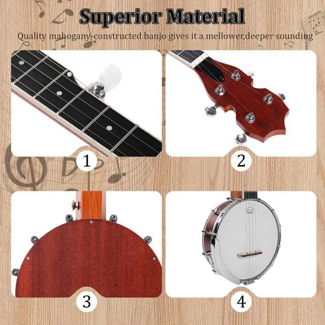 Alt view image 3 of 6 - 5 String Mini Banjo B806, 26 Inch Travel Sapele Closed Back Kit | Travel Mini Banjo: Compact 26-inch design with a sapele closed-back body. Includes a gig bag, strings, strap, and picks