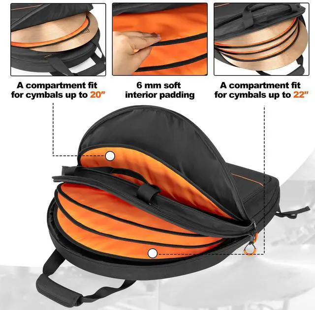 Alt view image 2 of 7 - 22'' Cymbal Bag, Double Layer Cymbal Gig Bag with 6mm Padded Divider | Cymbal Case with Carry Handles and Backpack Straps for Drum Cymbals and Accessories