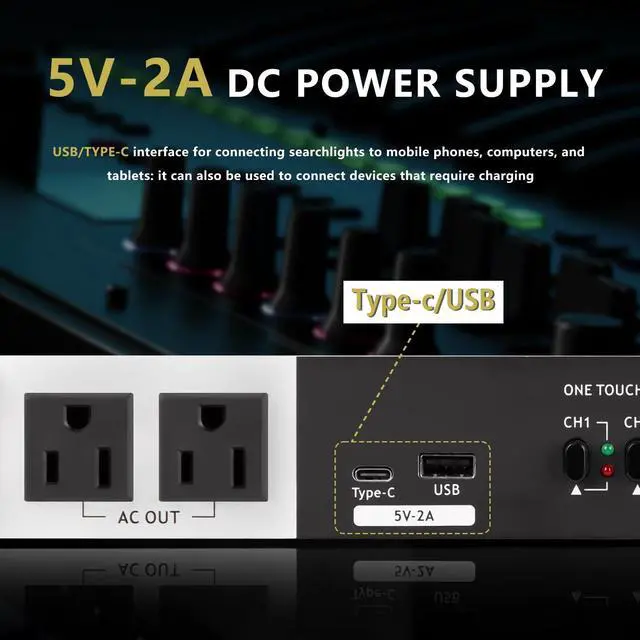 Alt view image 6 of 7 - Professional 10 Socket Power Conditioner/Surge Sequencer with USB and Type-C Charger.3300W Rack Mount Audio Power Supply Controller, Surge Protector, for Audio product, electronic equipment