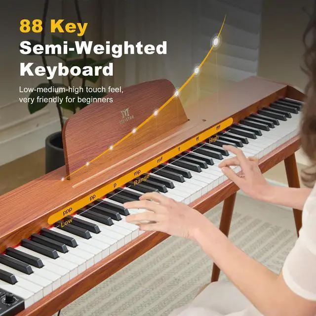 Alt view image 5 of 7 - 88 Key Piano Keyboard Semi Weighted Home Digital Piano for Beginners | Electric Piano with 800 Tones, 600 Rhythms, 80 Demo, 3-Pedal Unit, Furniture Stand, USB MIDI, Wireless Connection, Brown