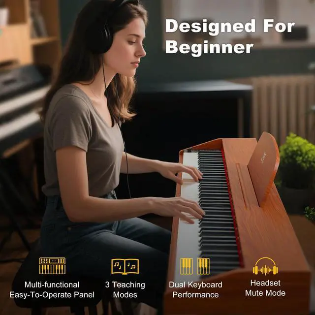 Alt view image 2 of 7 - 88 Key Piano Keyboard Semi Weighted Home Digital Piano for Beginners | Electric Piano with 800 Tones, 600 Rhythms, 80 Demo, 3-Pedal Unit, Furniture Stand, USB MIDI, Wireless Connection, Brown