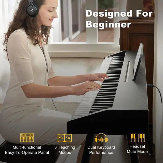 Alt view image 2 of 7 - 88 Key Piano Keyboard Semi Weighted Home Digital Piano for Beginners | Electric Piano with 800 Tones, 600 Rhythms, 80 Demo, 3-Pedal Unit, Furniture Stand, USB MIDI, Wireless Connection, Black