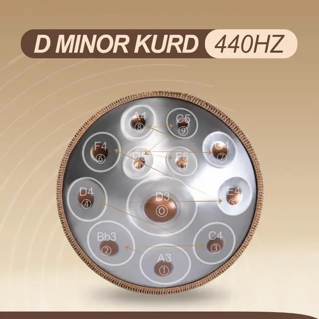 Alt view image 2 of 6 - Handpan Drum - 22-Inch 12-Note D Kurd 440Hz - Hand Tuning Handpan - Includes Soft Bag, Mallets, Stand, Note Stickers, Cleaning Cloth - Artist Performance Video