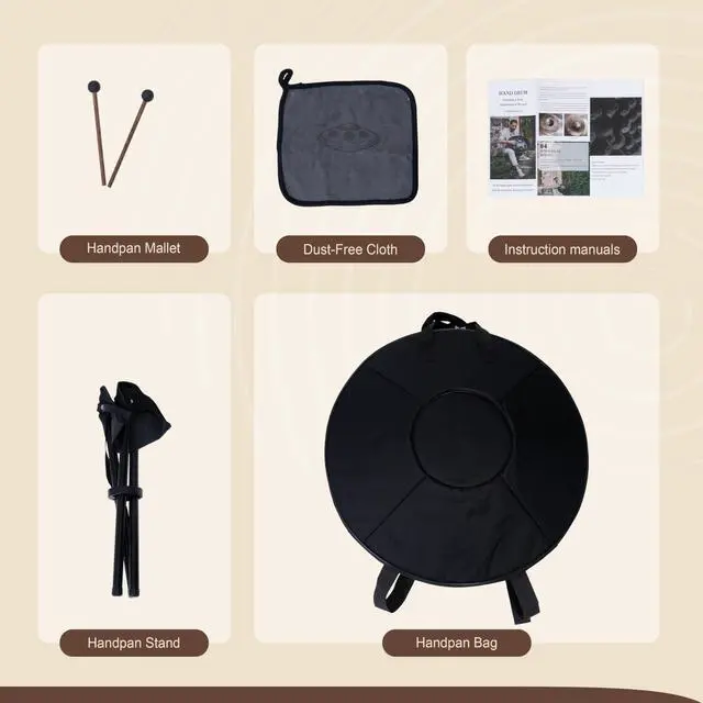 Alt view image 6 of 6 - Handpan Drum - 22-Inch 12-Note D Kurd 440Hz - Hand Tuning Handpan - Includes Soft Bag, Mallets, Stand, Note Stickers, Cleaning Cloth - Artist Performance Video