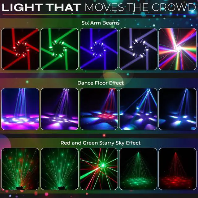 Alt view image 3 of 7 - 150W 6-Arm Spider Bee-Eye Moving Head LED DJ Light | 4-in-1 RGBW Beam, Bee-Eye Wash, Red/Green Laser, White/Amber Strobe, Remote, Sound Active, 24CH DMX, Wedding DJ