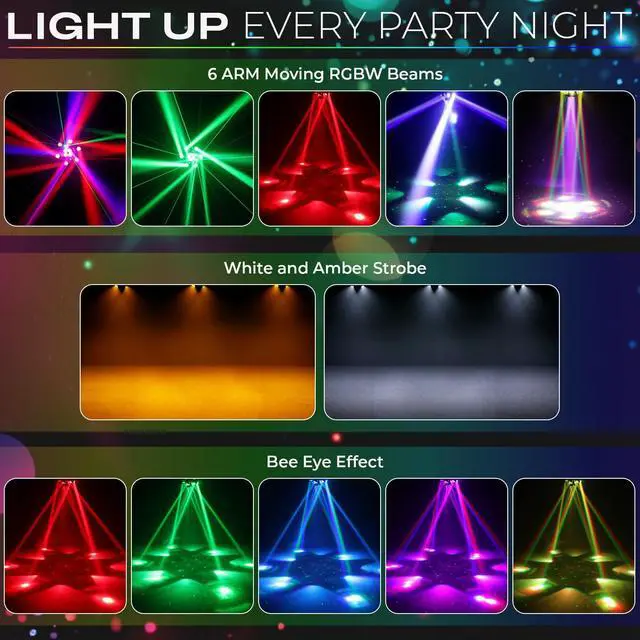 Alt view image 2 of 7 - 150W 6-Arm Spider Bee-Eye Moving Head LED DJ Light | 4-in-1 RGBW Beam, Bee-Eye Wash, Red/Green Laser, White/Amber Strobe, Remote, Sound Active, 24CH DMX, Wedding DJ