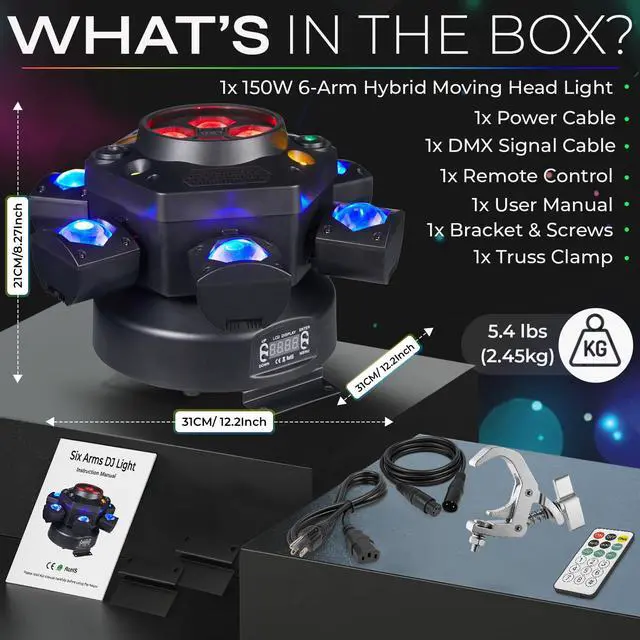 Alt view image 4 of 7 - 150W 6-Arm Spider Bee-Eye Moving Head LED DJ Light | 4-in-1 RGBW Beam, Bee-Eye Wash, Red/Green Laser, White/Amber Strobe, Remote, Sound Active, 24CH DMX, Wedding DJ