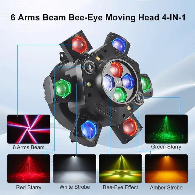 Alt view image 7 of 7 - 150W 6-Arm Spider Bee-Eye Moving Head LED DJ Light | 4-in-1 RGBW Beam, Bee-Eye Wash, Red/Green Laser, White/Amber Strobe, Remote, Sound Active, 24CH DMX, Wedding DJ