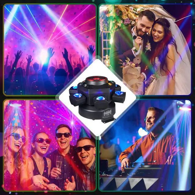 Alt view image 6 of 7 - 150W 6-Arm Spider Bee-Eye Moving Head LED DJ Light | 4-in-1 RGBW Beam, Bee-Eye Wash, Red/Green Laser, White/Amber Strobe, Remote, Sound Active, 24CH DMX, Wedding DJ