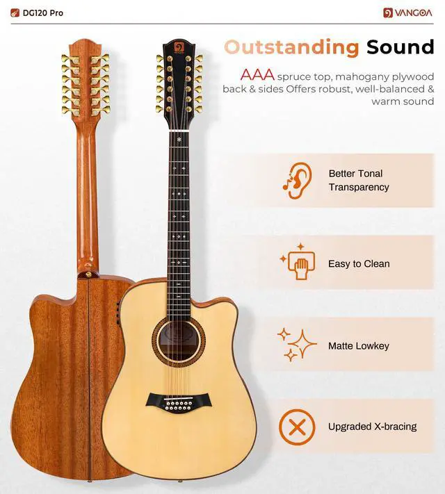 Alt view image 3 of 7 - Advanced 12 String Guitar, Full Size Twelve String Guitar Acoustic Electric 4 Band EQ Electroacoustic Set for Professional Beginner Adults Intermediate, Spruce Top, Glossy Natural