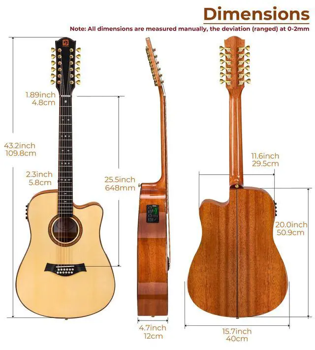 Alt view image 5 of 7 - Advanced 12 String Guitar, Full Size Twelve String Guitar Acoustic Electric 4 Band EQ Electroacoustic Set for Professional Beginner Adults Intermediate, Spruce Top, Glossy Natural